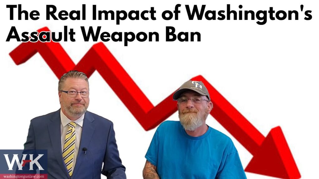 Two men, one in a suit and tie and the other in a blue shirt and cap, stand in front of a red downward trending graph. The text reads "The Real Impact of Washington's Assault Weapon Ban." Logo in the corner says "WJK.