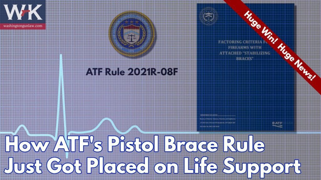 Collage featuring text: "ATF Rule 2021R-08F" overlay on a badge, a blue document cover titled "Factoring Criteria for Firearms with Attached 'Stabilizing Braces'", and a red banner reading "Huge Win! Huge News!" with an EKG line and text below.