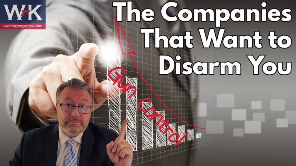 A man in a suit points upwards with a determined expression. Overlay text reads, "The Companies That Want to Disarm You" and "Gun Control" with a downward arrow. The background features a digital graph with declining points.