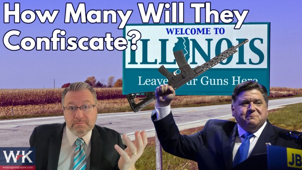 A man with glasses in a suit gestures in confusion, while another man holds up a firearm triumphantly. Behind them, a sign reads "Welcome to Illinois, Leave your Guns Here" with a rifle illustration. Text above reads, "How Many Will They Confiscate?.