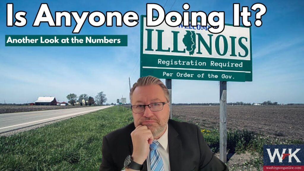 A man in a suit and glasses is sitting in front of an Illinois welcome sign during daytime. The text reads, "Is Anyone Doing It? Another Look at the Numbers." The logo at the bottom right says "WK Washington Expatriate.