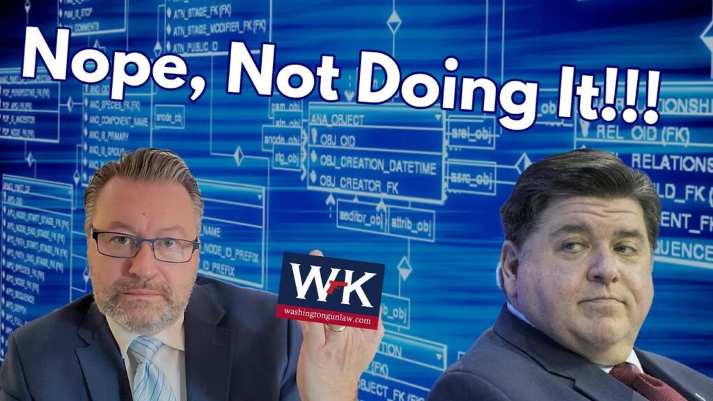 Two men are in front of a blue background with database schema designs. The text "Nope, Not Doing It!!!" is at the top. One man holds a card with "WFK" on it. Both men wear suits and have serious expressions.