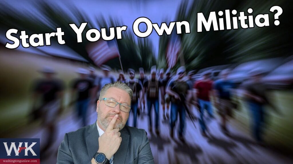 Man in a suit with a thoughtful expression stands against a blurred background of people holding flags. The text "Start Your Own Militia?" is displayed. Logo in the bottom left corner.