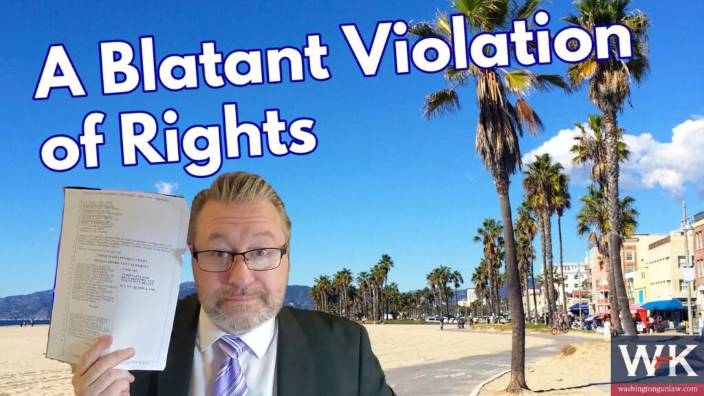 A man in a suit holds a document in front of a beach with palm trees. Large text reads "A Blatant Violation of Rights." The bottom right corner shows a logo with "WJL" and a website URL.
