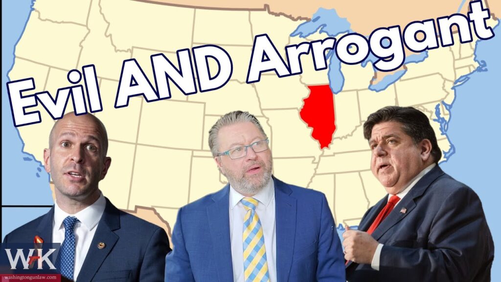 A map of the United States with Illinois highlighted in red. Three men in suits stand in front. Large text above them reads, "Evil AND Arrogant." A WK logo appears in the bottom left corner.