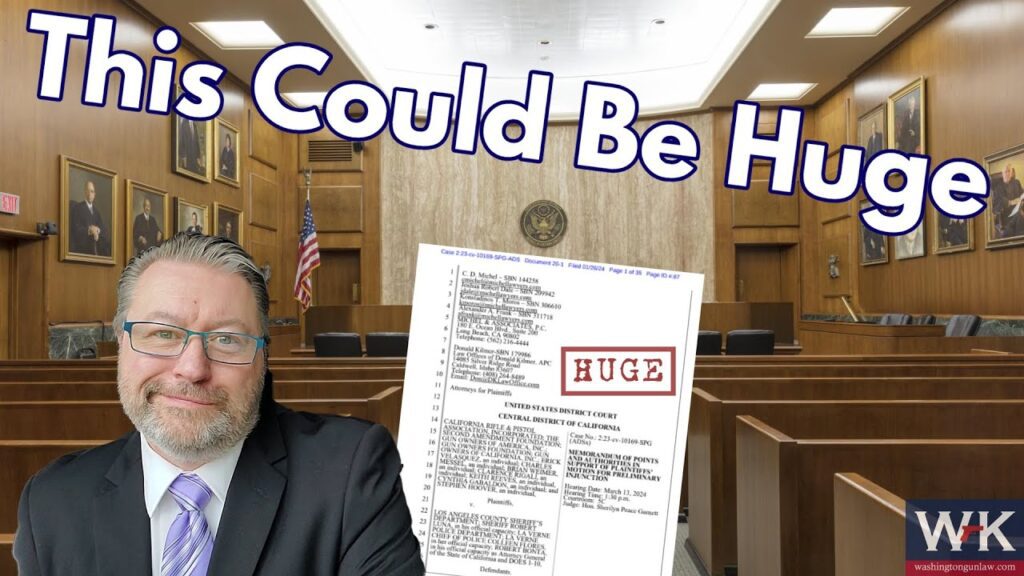 A man in a suit and glasses is smiling in a courtroom. A large legal document with the word "HUGE" stamped on it is in the foreground. The text "This Could Be Huge" is prominently displayed at the top.