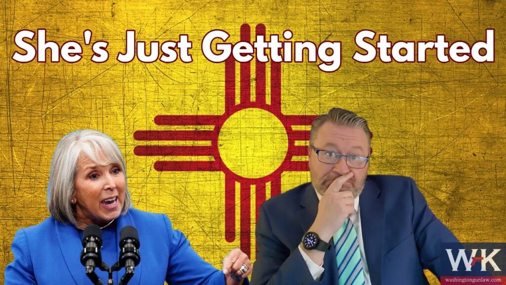 A woman speaking passionately at a podium and a man looking thoughtful, set against a textured backdrop featuring a red Zia symbol on a yellow background. The text reads "She's Just Getting Started.