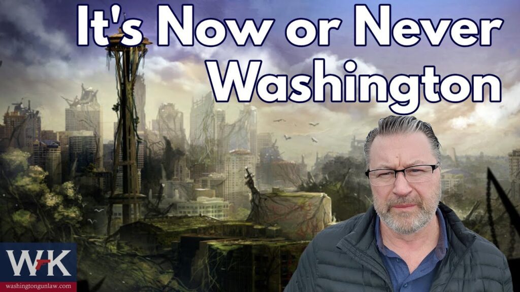 A man stands in front of a digitally created, post-apocalyptic cityscape. Large text at the top reads "It's Now or Never Washington." The bottom left corner has a logo with the letters "WKL" and a website URL.