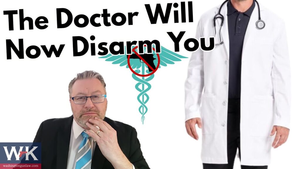 A man in a suit with glasses and a striped tie sits thoughtfully. Next to him is a graphic of a headless doctor in a white coat, with a stethoscope. Behind them is a caduceus symbol with a crossed-out gun and the text "The Doctor Will Now Disarm You.