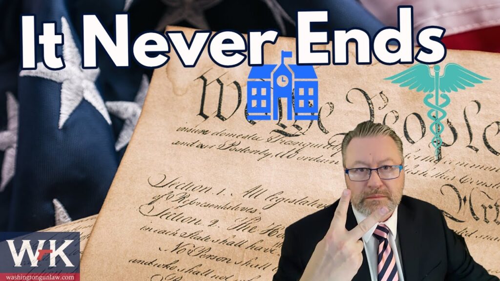 A man in a suit holds up two fingers. The background features a U.S. Constitution page with a flag. Text reads "It Never Ends" with icons of a school and medical symbol. A logo "WTK" is in the corner.