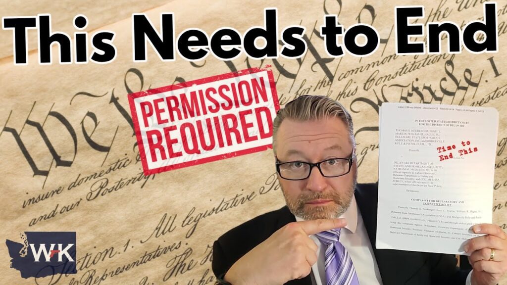 A man in a suit and glasses points to a document he is holding. The background shows a portion of the U.S. Constitution with a red "PERMISSION REQUIRED" stamp. The text reads "This Needs to End.