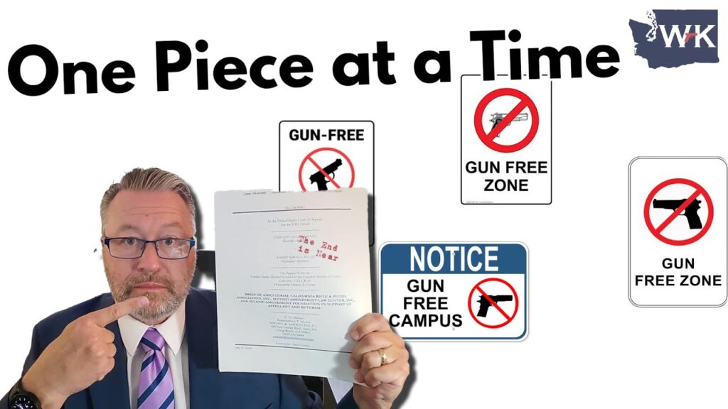 A man in a suit points to a document he's holding, surrounded by graphics of "Gun-Free Zone" signs. The text at the top reads "One Piece at a Time" with a logo in the corner.