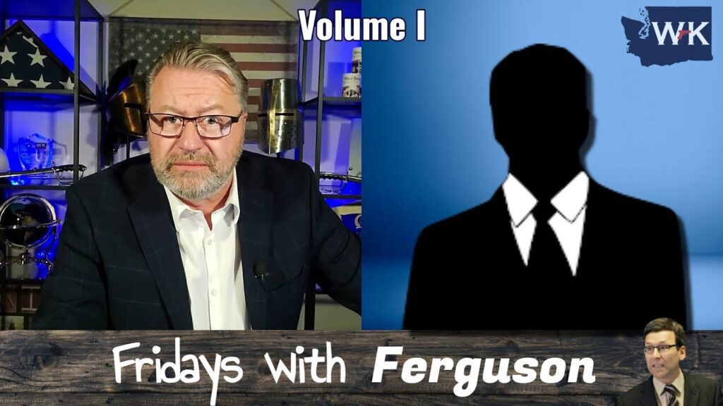 A man with glasses in a suit sits at a desk with the text "Volume I" above a silhouette. The screen shows "Fridays with Ferguson" written on wood paneling, alongside a small image of another man in a suit.
