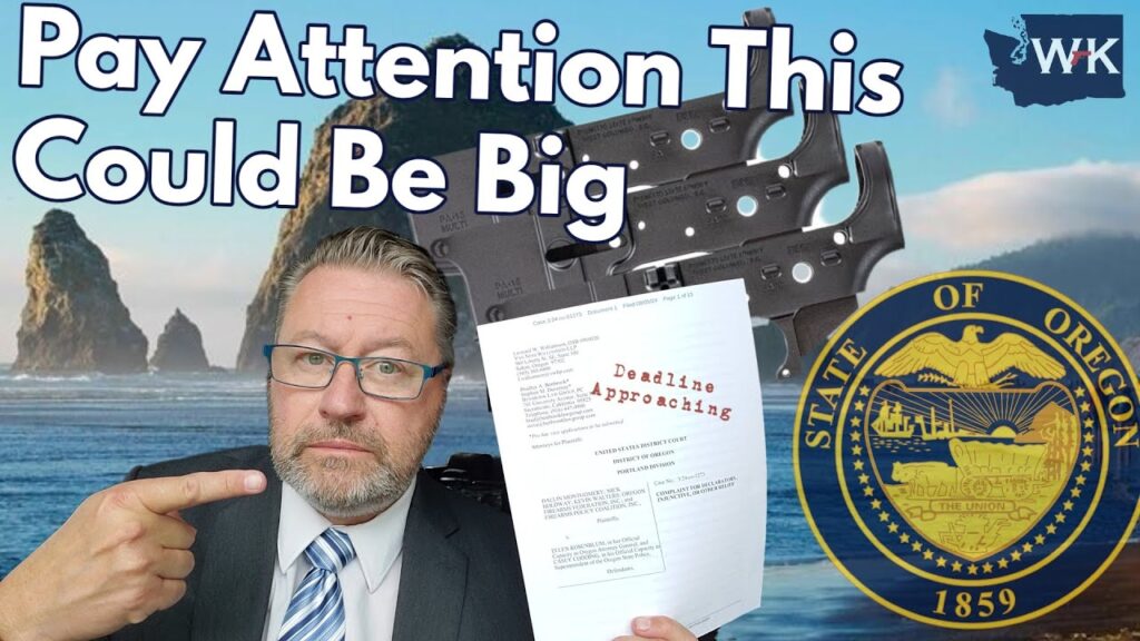A man in a suit points to a document labeled "Deadline Approaching." The image also shows the Oregon state seal, firearms parts, and text reading "Pay Attention This Could Be Big," set against a coastal background.