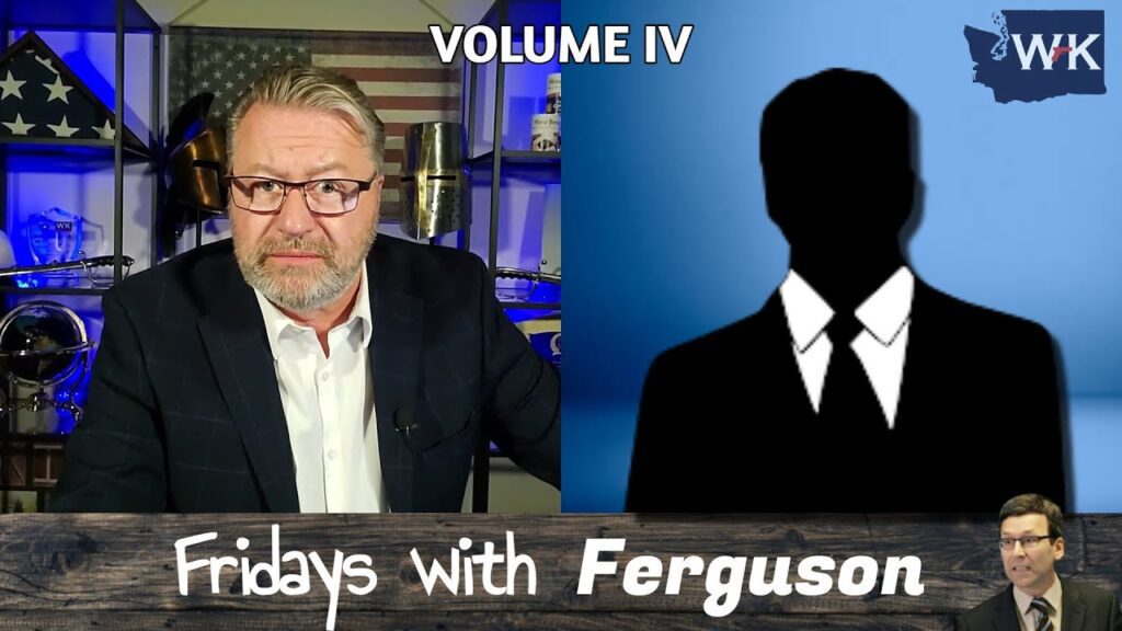 A man with glasses and a beard sits in a room with a US flag and shelves behind him. Text reads "Volume IV" and "Fridays with Ferguson." Next to him is a silhouette of a person.
