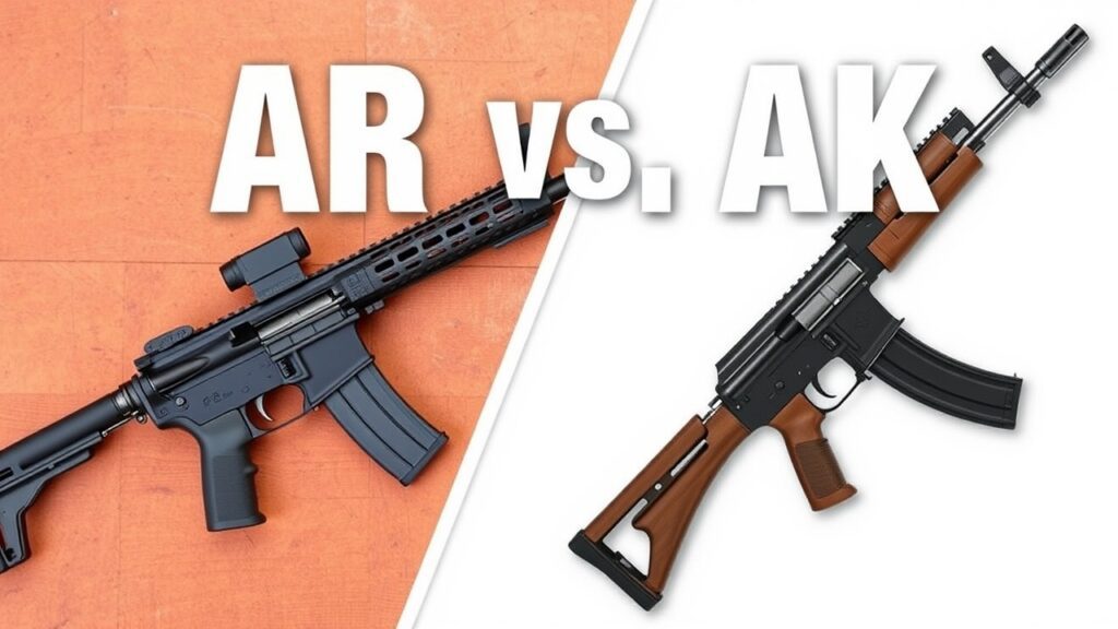 Split image showing two rifles: on the left, an AR rifle with a black finish and a vertical handguard on a wood-patterned background; on the right, an AK rifle with a wooden stock and foregrip on a white background. Text reads "AR vs. AK".