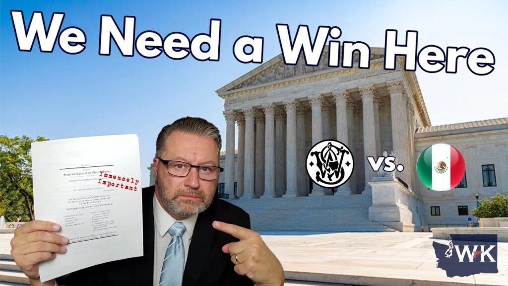A man in a suit points to a document labeled "Immense[ly] Important" with the text "We Need a Win Here" above. Logos of a law-focused organization and the Mexican flag are shown in front of a large classical building.