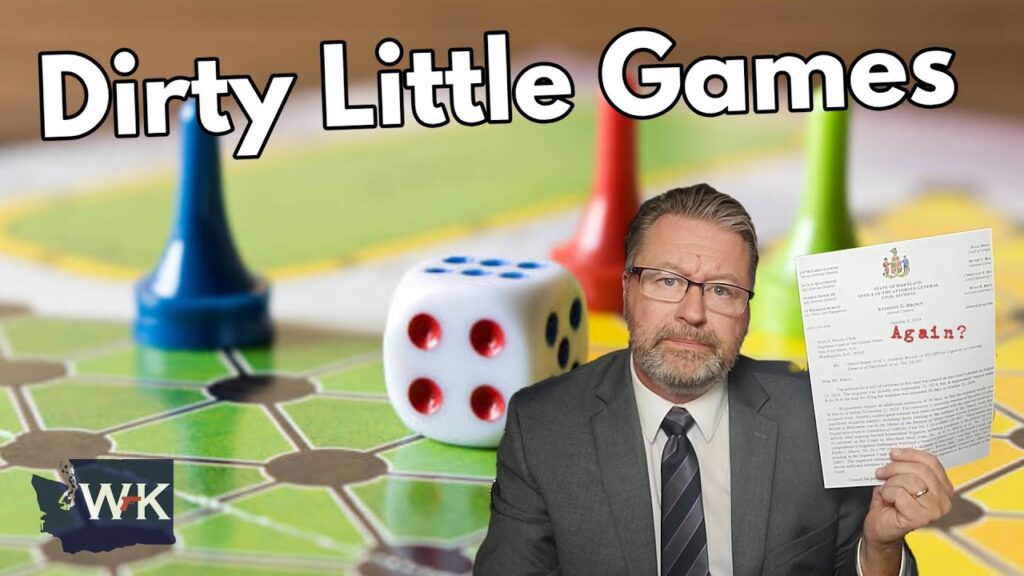 Man in a suit holding a document with the word "Again?" next to a board game with colored pawns and a dice. The text "Dirty Little Games" appears at the top.