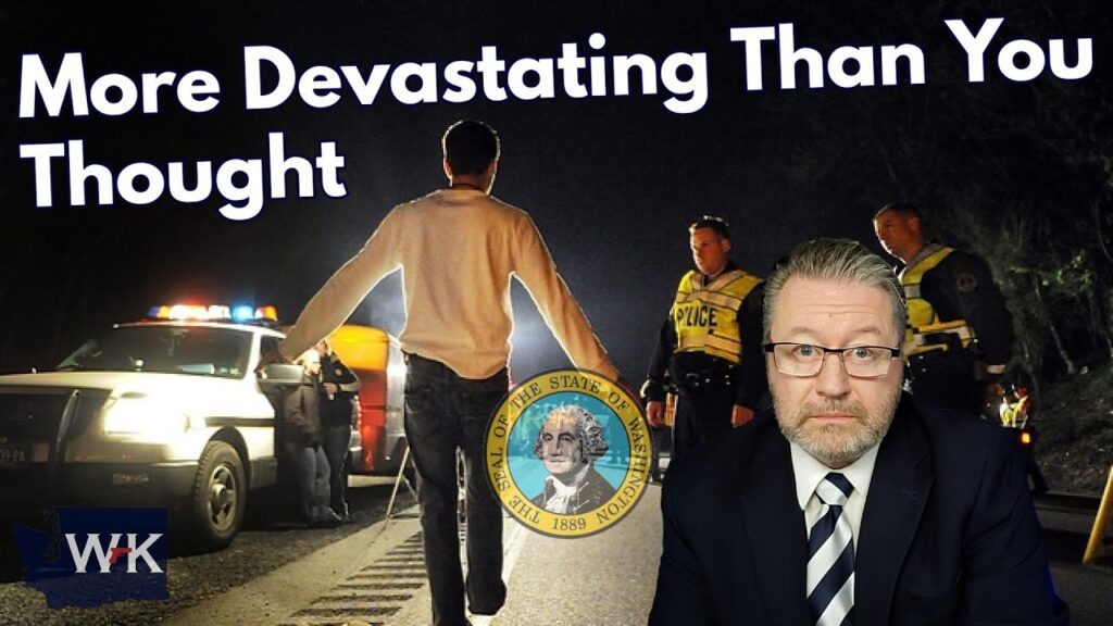 A man in casual attire undergoes a field sobriety test on a dark road. Police officers and a car with flashing lights are visible. Text reads, "More Devastating Than You Thought." A man in a suit and glasses appears in the foreground.