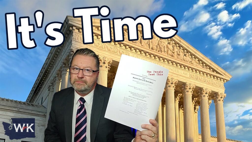 A man in a suit holds up a piece of paper in front of a building resembling the U.S. Supreme Court. Large text above reads "It's Time." The background shows a partly cloudy sky.
