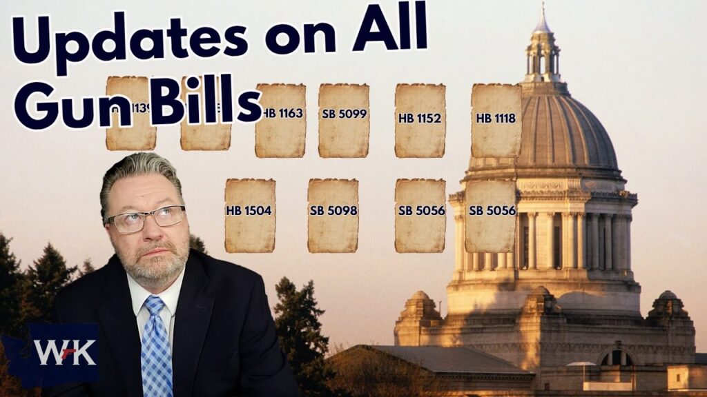 A man in a suit sits in front of a background showing a large domed building. Text reads, "Updates on All Gun Bills," with bill numbers displayed: HB 113, HB 1163, SB 5099, HB 1152, HB 1118, HB 1504, SB 5098, SB 5056, SB 5056.