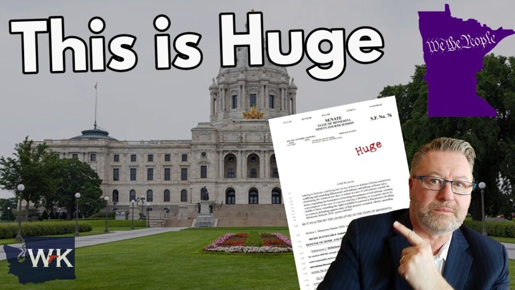 A man points to a document labeled "Huge" in front of a government building. Large text reads "This is Huge." A purple Minnesota state outline is on the top right, and a WK logo is at the bottom left.