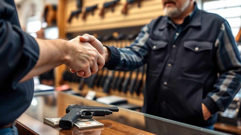 Two people shaking hands over a glass counter in a gun shop. A handgun and cash are placed on the counter. Rows of guns are displayed on the wall behind them. The people are partially visible, focused on the handshake.