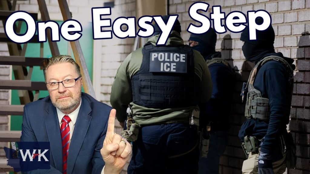 A man in a suit holds up one finger. Behind him, three ICE officers in tactical gear are by a brick wall. The text at the top reads "One Easy Step.