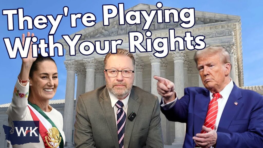 Three people are in front of a Supreme Court building. A woman on the left waves, a man in the center wears glasses and a suit, and a man on the right gestures with his hand. Text reads, "They're Playing With Your Rights.