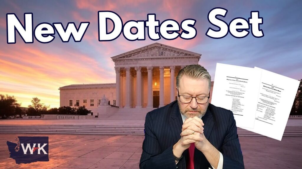 A man in a suit and glasses is shown with his hands clasped in front of a courthouse. The sky is colorful at sunset. Overlay text reads "New Dates Set," and documents are visible next to the man. A WK logo is in the bottom left corner.