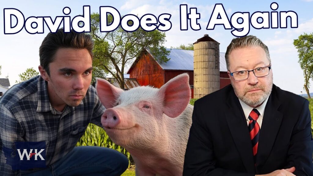 A young man crouches near a pig with a farmhouse and silo in the background. A man in a suit with glasses looks serious. The text reads, "David Does It Again." The corner logo says "WK.