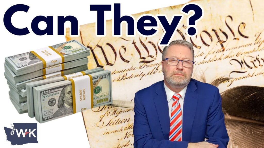A man in a blue suit and striped tie sits in front of a background featuring the U.S. Constitution. Stacks of cash are on his left. Text at the top reads "Can They?" The bottom left corner shows a logo with the letters "WK" and a state outline.