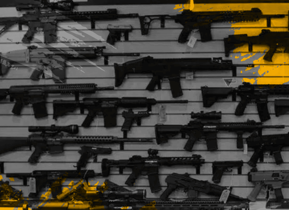 All Listings 3 A display of various rifles and firearms mounted on a slatted wall. The image is overlaid with yellow and gray abstract brush strokes, adding an artistic effect to the scene.