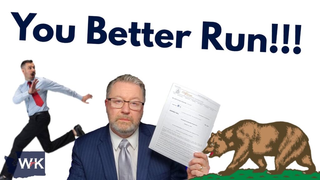 Man in a suit holds a document, looking at the camera. Text reads "You Better Run!!!" To the left, another man runs away. A bear image is on the lower right. Logo with the initials "WK" is in the bottom left corner.