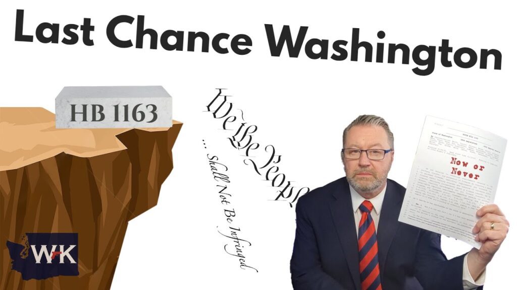 A man in a suit holds a document titled "Now or Never" with "We the People...shall not be infringed" to his side. The background shows "Last Chance Washington" and "HB 1163" on a cliff. An icon reading "WK" is in the corner.
