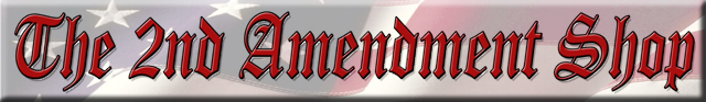 Text reading "The 2nd Amendment Shop" in a Gothic-style font over a background featuring blurred elements of the American flag.