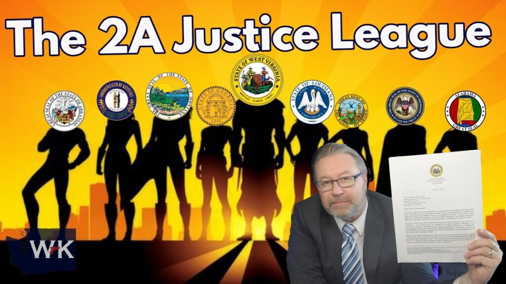 A man in glasses and a suit holds up a document in the foreground. Behind him, superhero silhouettes and seven state seals appear under the title "The 2A Justice League" on a bright, sunburst background.