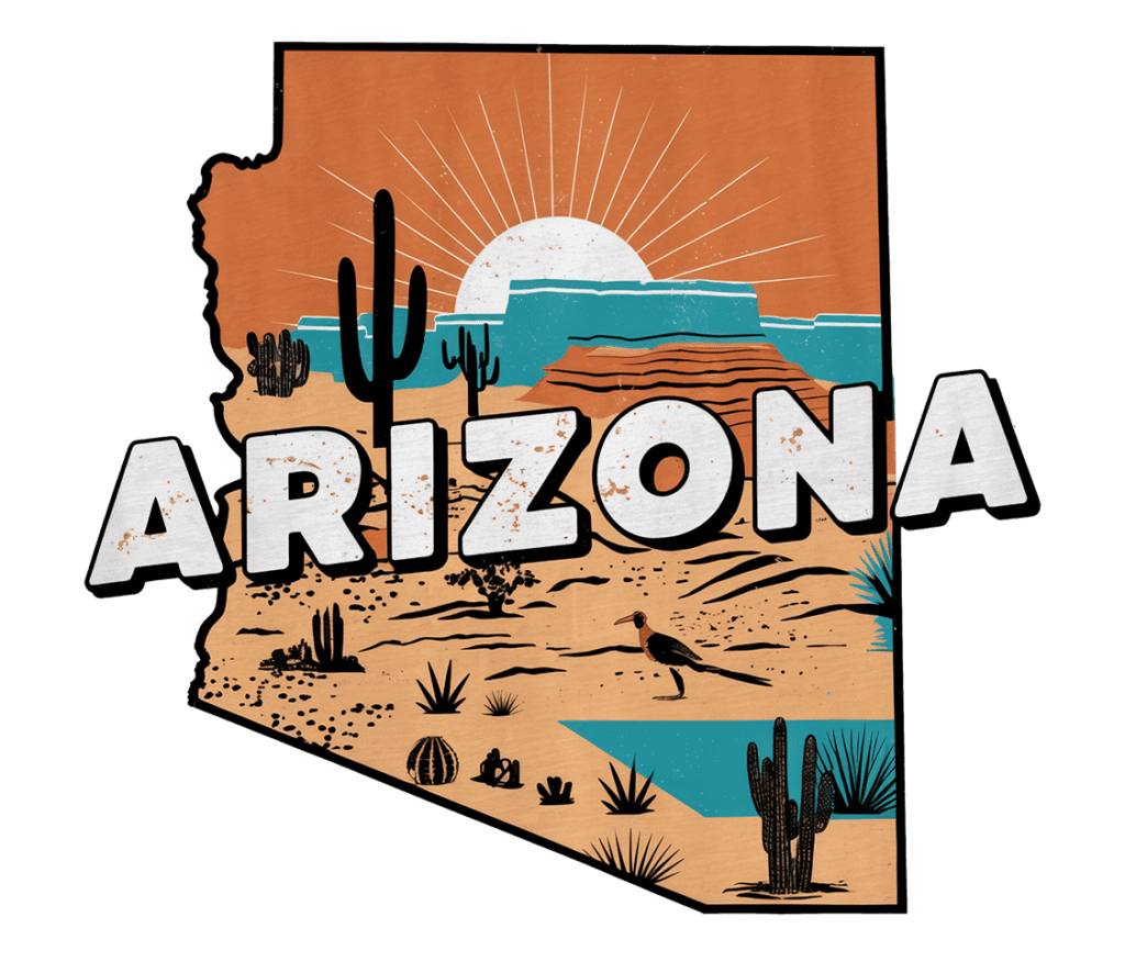 Stylized illustration of Arizona's shape featuring desert scenery, including cacti and a roadrunner. The background shows a sun setting behind mountains. The word "ARIZONA" is prominently overlaid in bold white letters.