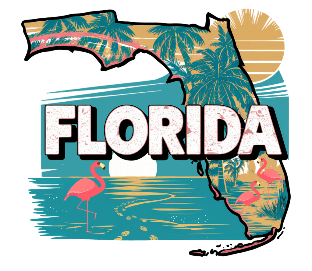 Illustration of Florida with palm trees, a sunset, and flamingos. The word "Florida" is prominently displayed across the image with a tropical beach scene, including water and footprints, in the background.