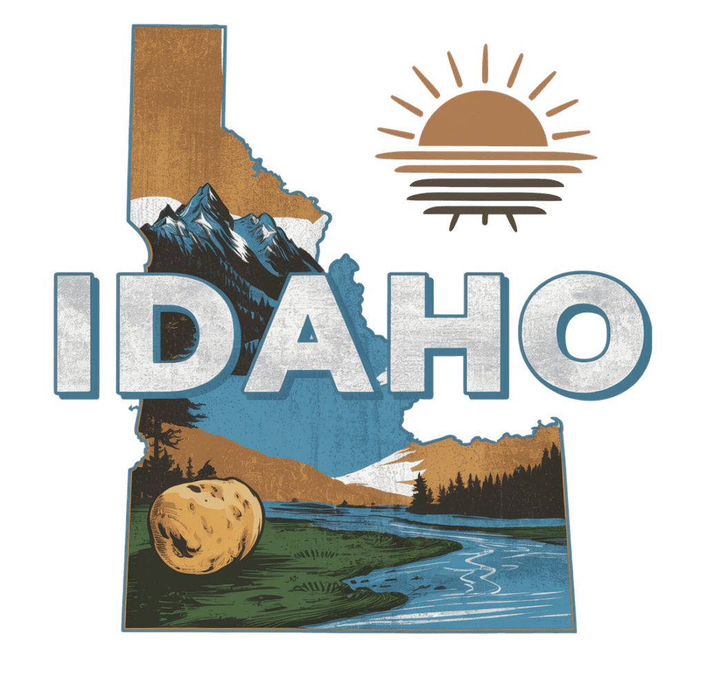 Illustration of Idaho's shape featuring mountains, a river, and a potato. The word "IDAHO" is in bold letters. A stylized sun with rays is above to the right. The design has rustic and earthy colors.