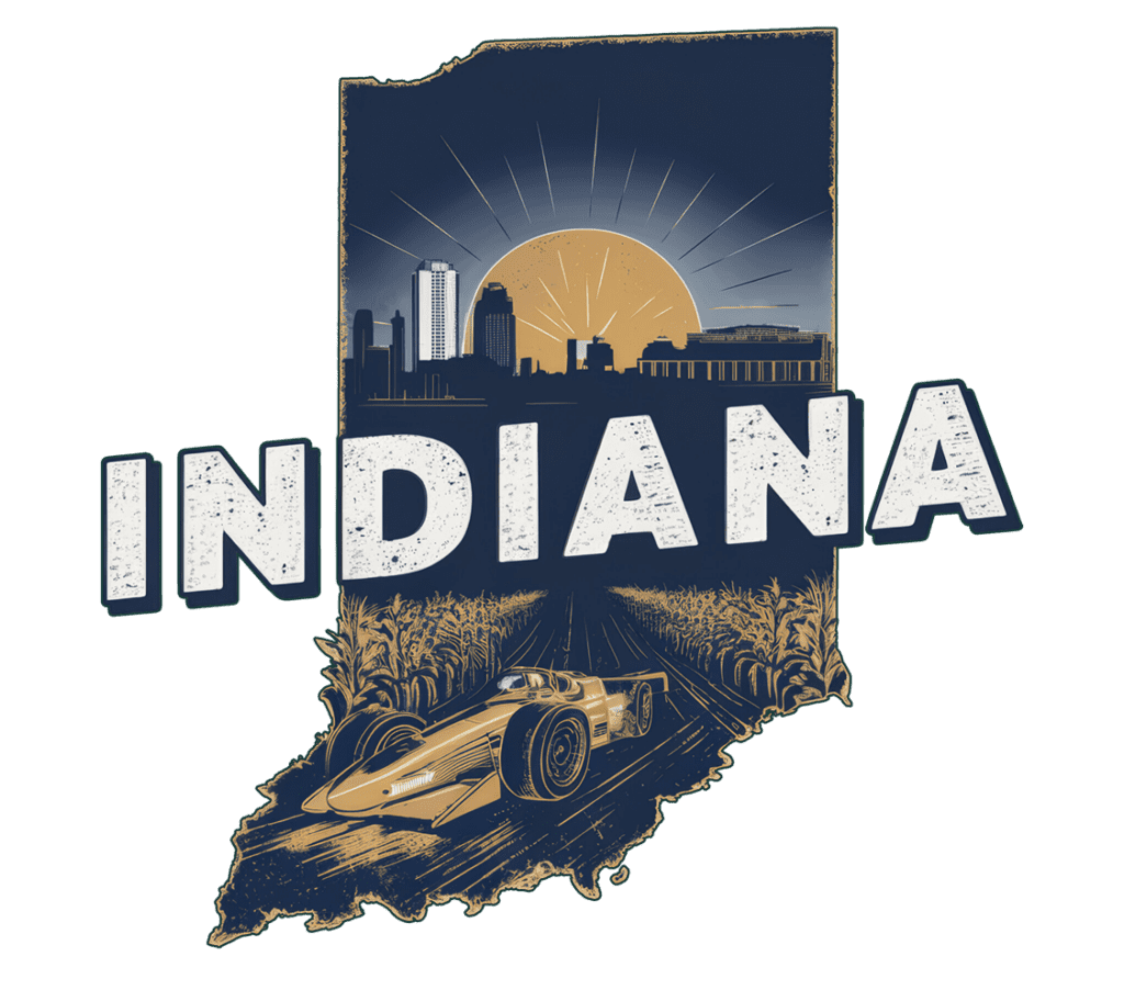 The image depicts an artistic representation of the state of Indiana. "INDIANA" is written across the state shape, featuring a city skyline, a setting sun, and a racing car in front, with cornfields forming the backdrop.