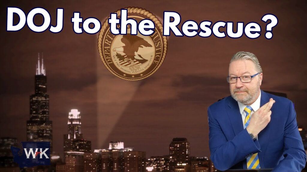 Man in a blue suit gestures while sitting in front of a city skyline at night. Text reads, "DOJ to the Rescue?" and a Department of Justice seal is visible.