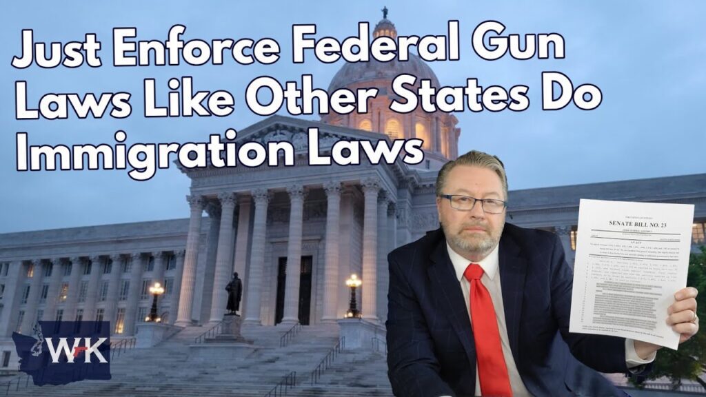 A man in a suit and red tie holds up a document labeled "Senate Bill No. 13" in front of a government building. Text reads: "Just Enforce Federal Gun Laws Like Other States Do Immigration Laws." WK logo in lower left.