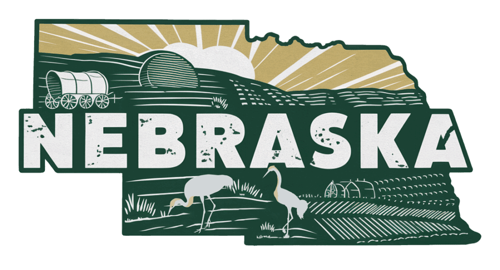 Illustration of Nebraska’s state outline with the word "NEBRASKA" across it, featuring farm fields, a wagon, barns, sunrise, and two cranes in the foreground.