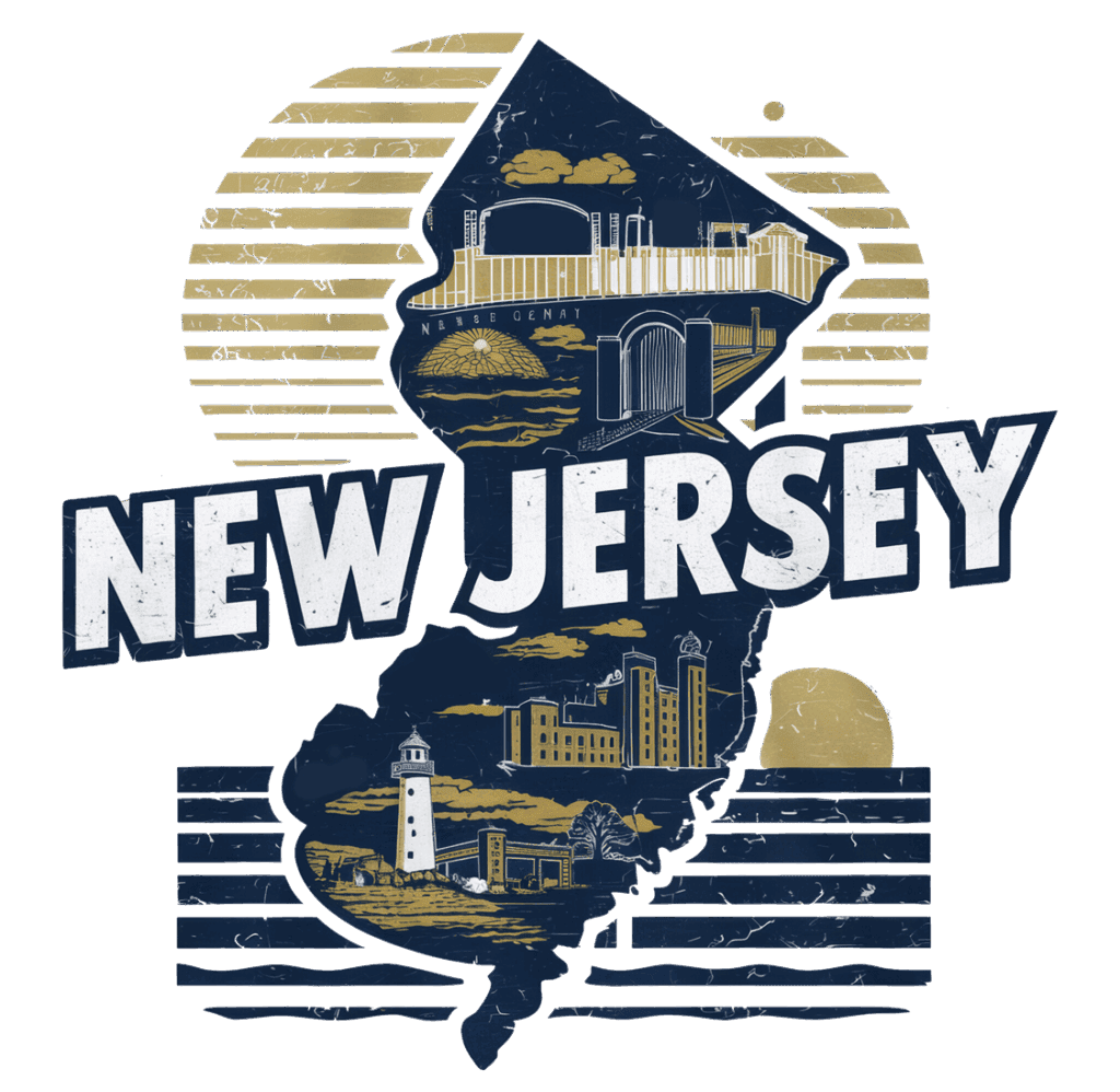 Illustration of New Jersey’s state shape featuring landmarks like a lighthouse and stadium, with "NEW JERSEY" text across the middle, accented by sunset-like striped backgrounds.