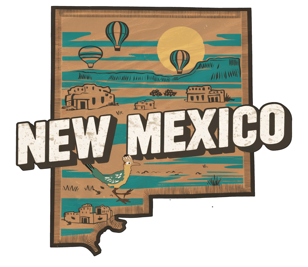 Illustration of New Mexico’s shape with adobe buildings, hot air balloons, a bright sun, a road runner, and “NEW MEXICO” in bold letters across the image. Southwestern colors and landscape featured throughout.