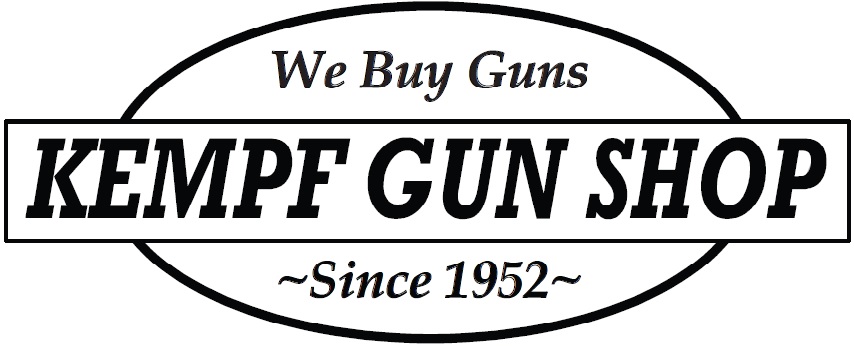Logo of Kempf Gun Shop with the text "We Buy Guns" at the top and "Since 1952" at the bottom, enclosed in an oval border.