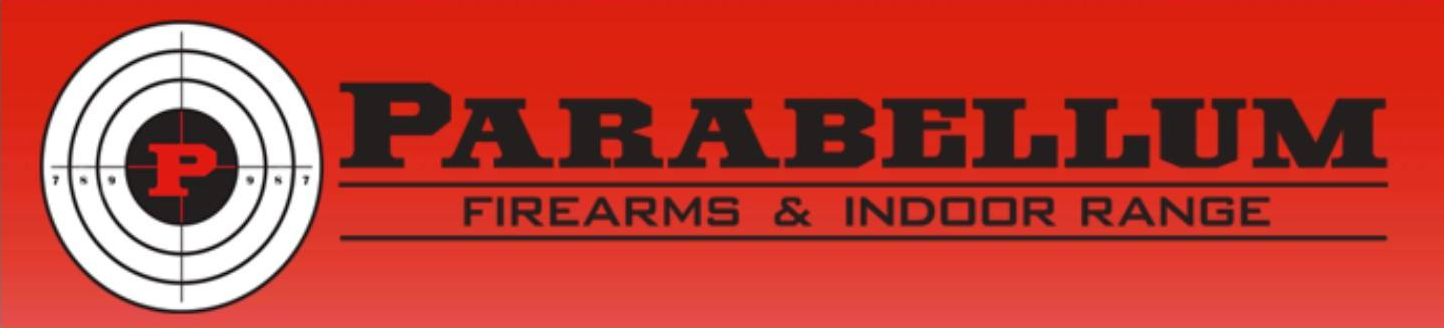 Logo on a red background featuring a target with a "P" in the center and the text "PARABELLUM FIREARMS & INDOOR RANGE" in bold black letters.