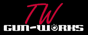 Logo featuring "TW Gun-Works" in bold white and red letters against a black background, with a stylized bullet forming part of the letter "O" in "Works.