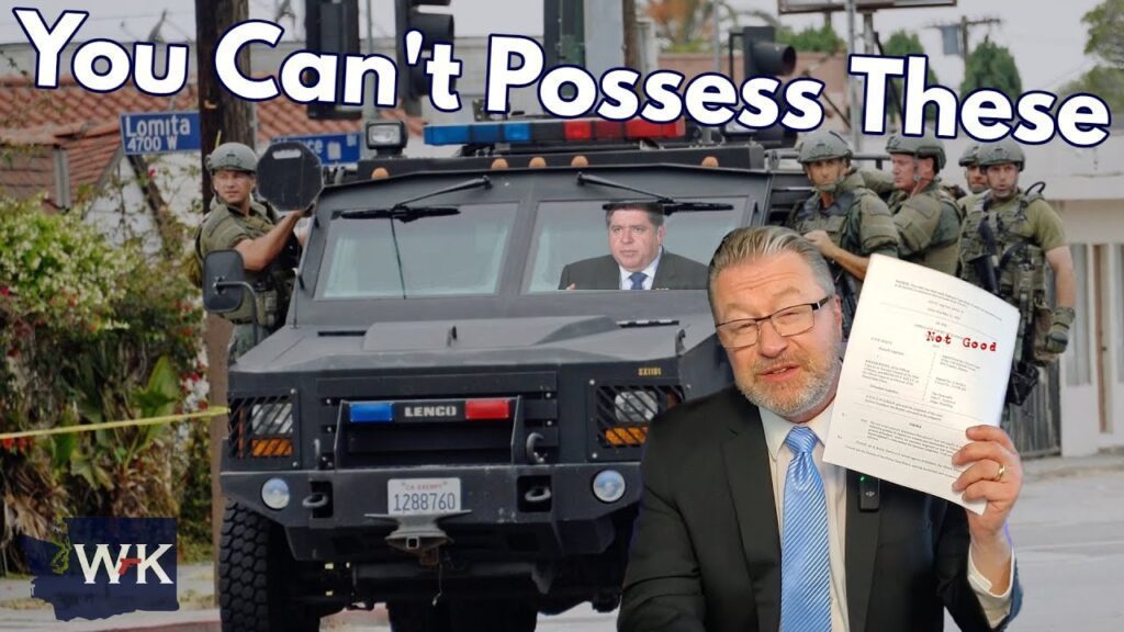 A man in a suit holds up a document labeled "Not Good" in front of an armored police vehicle with armed officers and a man visible inside. Large text above reads, "You Can't Possess These.